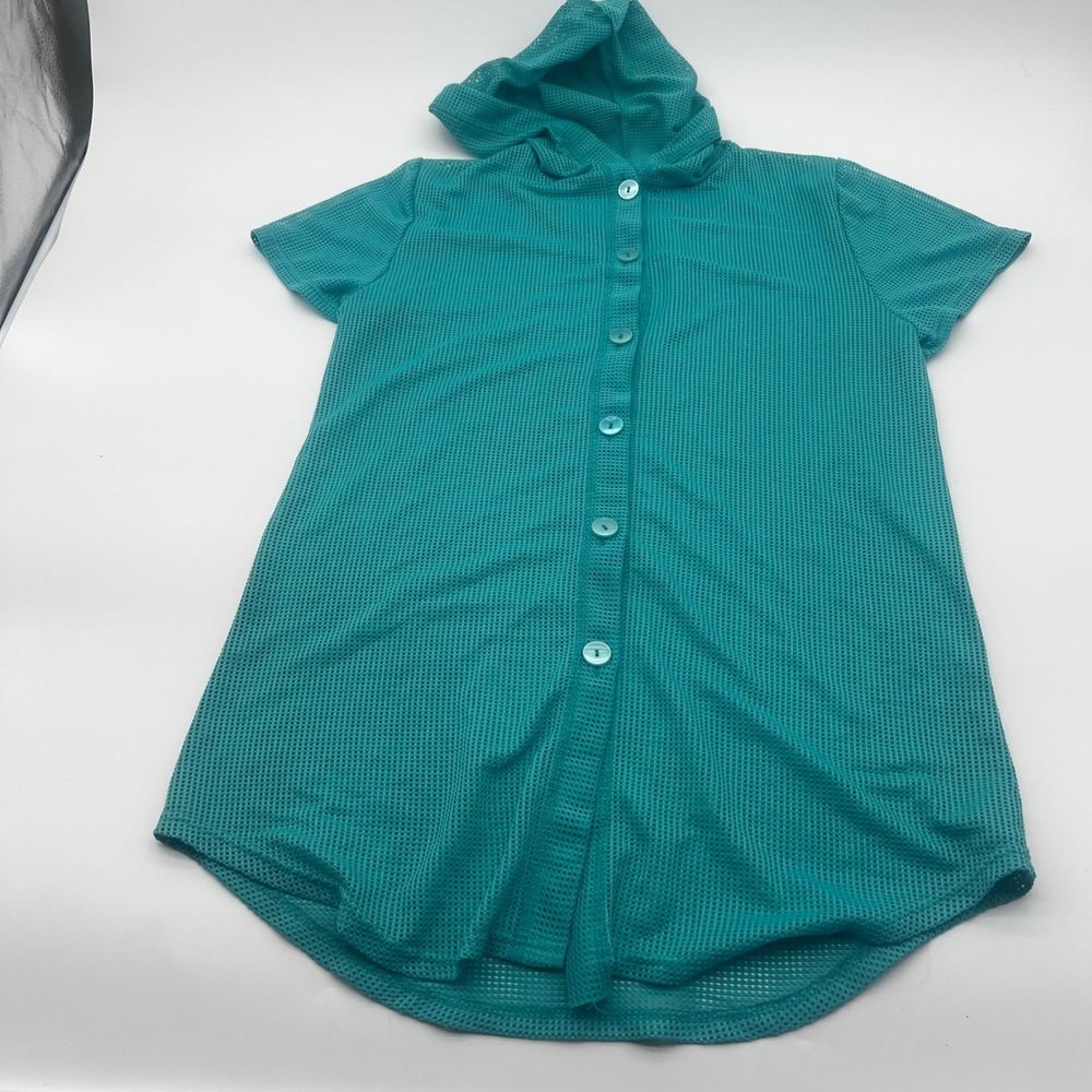 Ann Taylor Teal Mesh Hooded Button Front Short Sleeve Top Womens Teal Size M - Picture 3 of 7